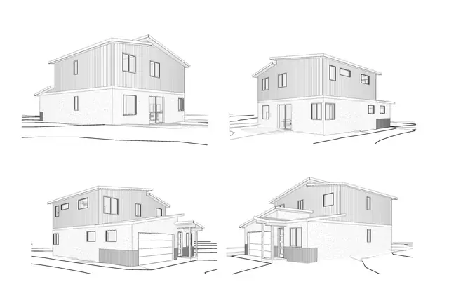 Exterior elevation drawing, 303 Singletrack Ln
