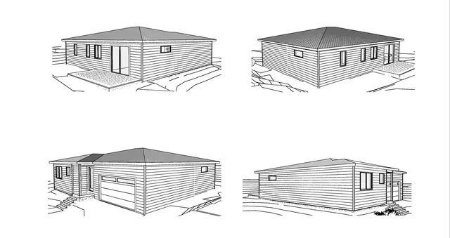 Exterior elevation drawing, 411 Switchback Ln