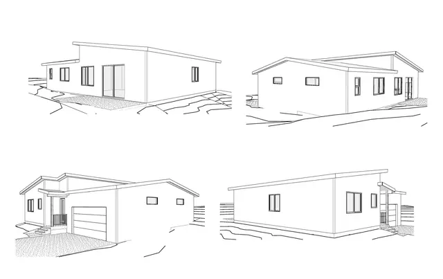 Exterior elevation drawing, 413 Switchback Ln